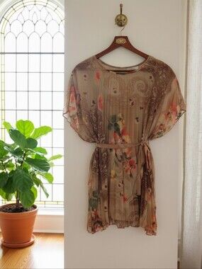 Status by Chenault Sheer Brown Boho Floral Top w/ Tank & Belt – Size Medium